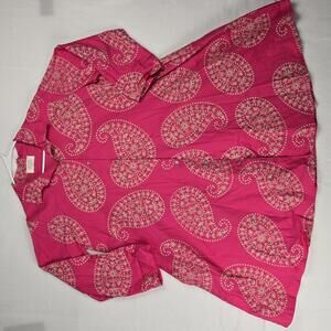 AQRL Italy Pink Beige Paisley Roll Sleeve Shirt Dress Cotton Pearl Button OS